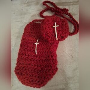 Red Crochet Bag and Coin Purse Set with Cross Detail